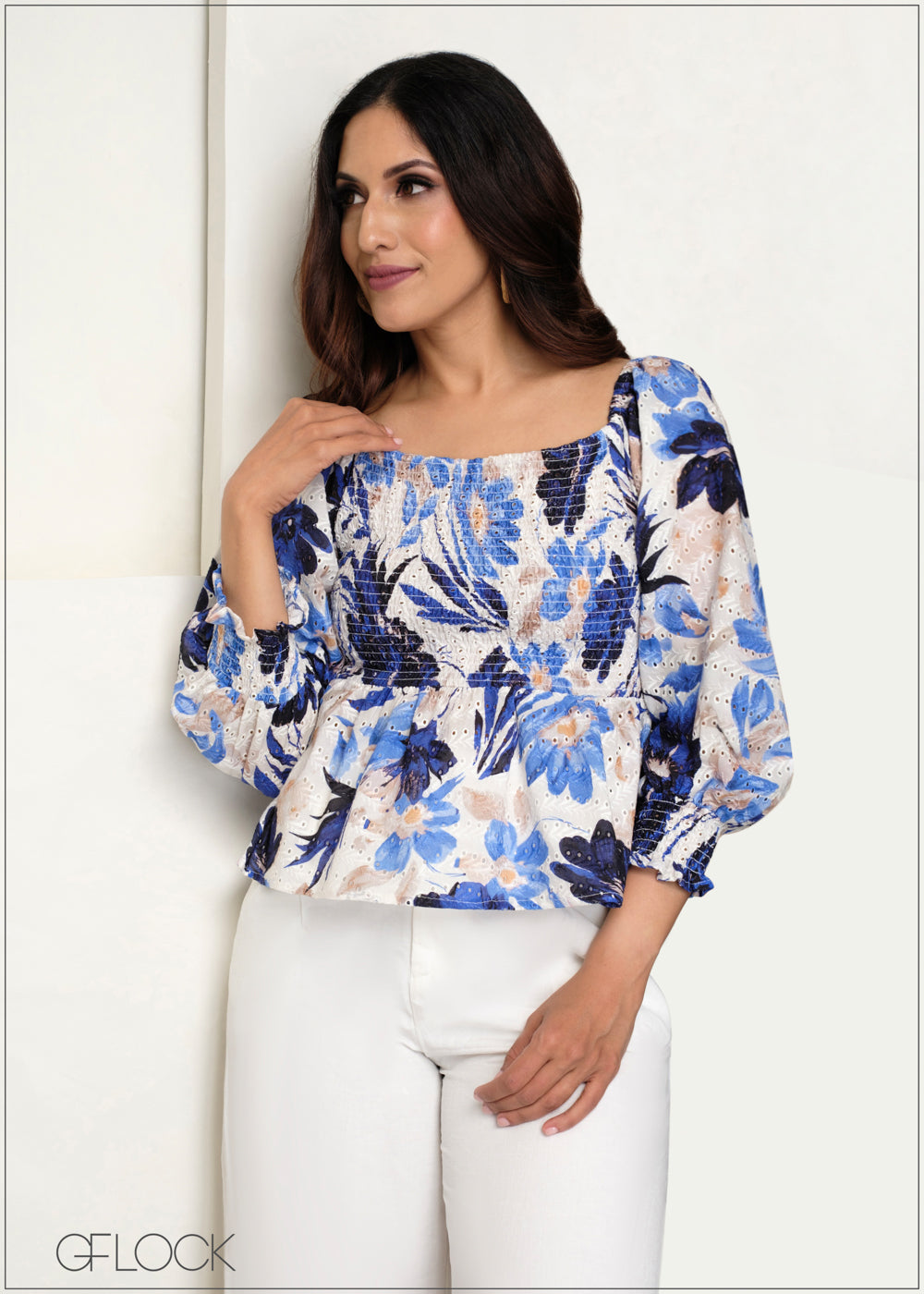 Smocking Detail Printed Embroidery Top - 140625