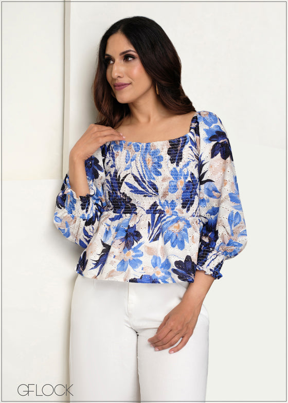 Smocking Detail Printed Embroidery Top - 140625