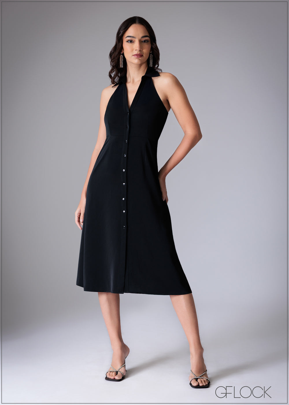 Collared Sleeveless Midi Dress - 110725