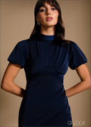 Gathered front high neck puff sleeve maxi dress 