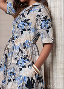 Printed Tie Detailed Dress (Premium Cotton) - 201025