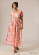 Puff Sleeve Printed Dress - 110926