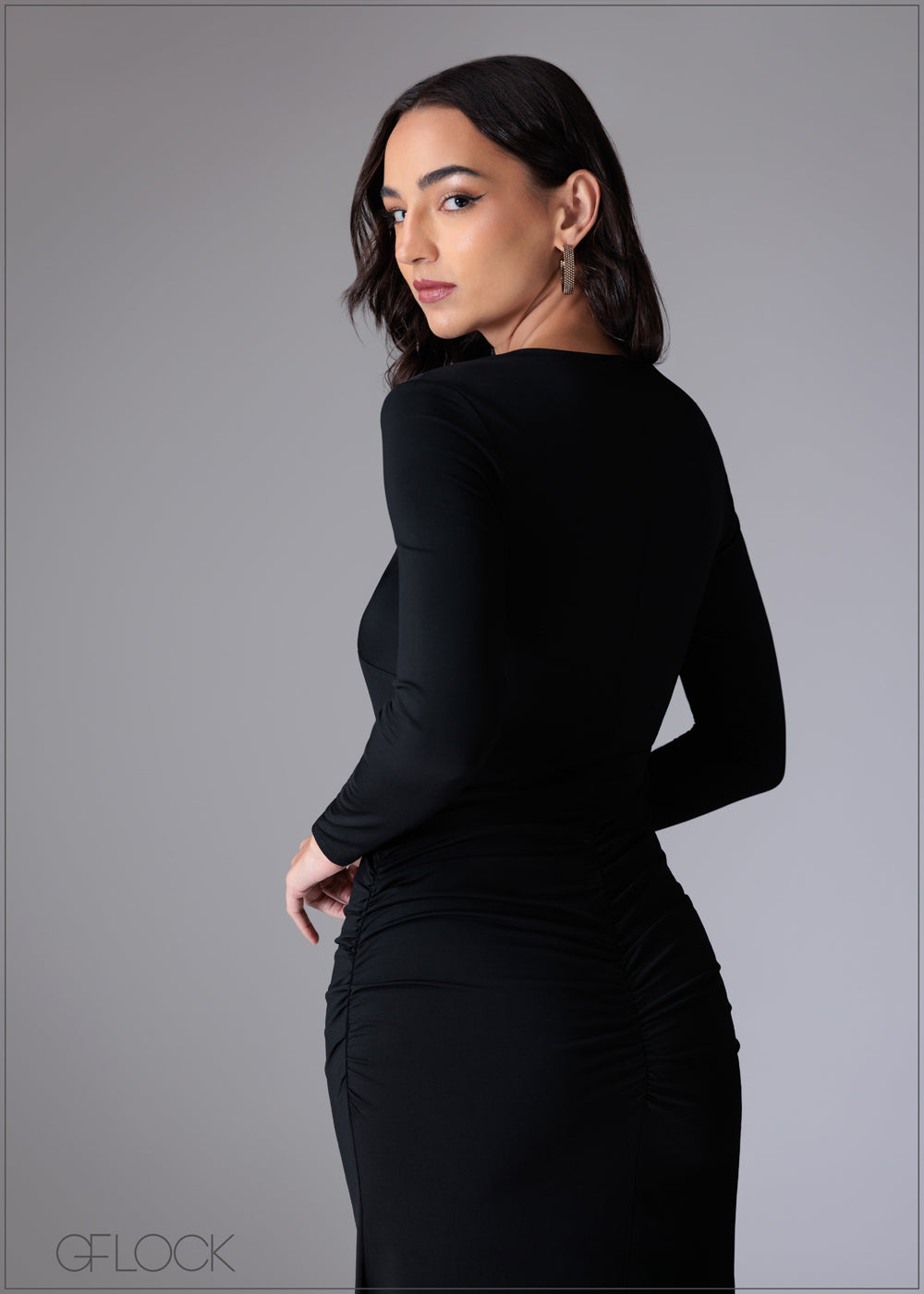 Side Ruched Long Sleeve Maxi Dress - 110725