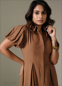 Pleated Puff Sleeve Dress - 281225