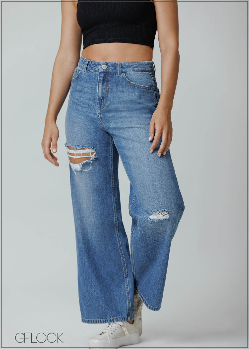 Baggy Ripped Wide Leg Jeans Long Length 211224 - Main Image
