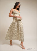 Beige and green floral, low waist maxi dress
