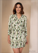 Sleeves Collared Wrap Tie Up Mini Dress - 050424