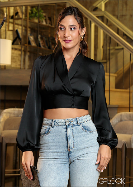 Puff Sleeve V-Neck Wrap Top - 221124