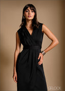 Petal hem v neck pleat detail midi dress