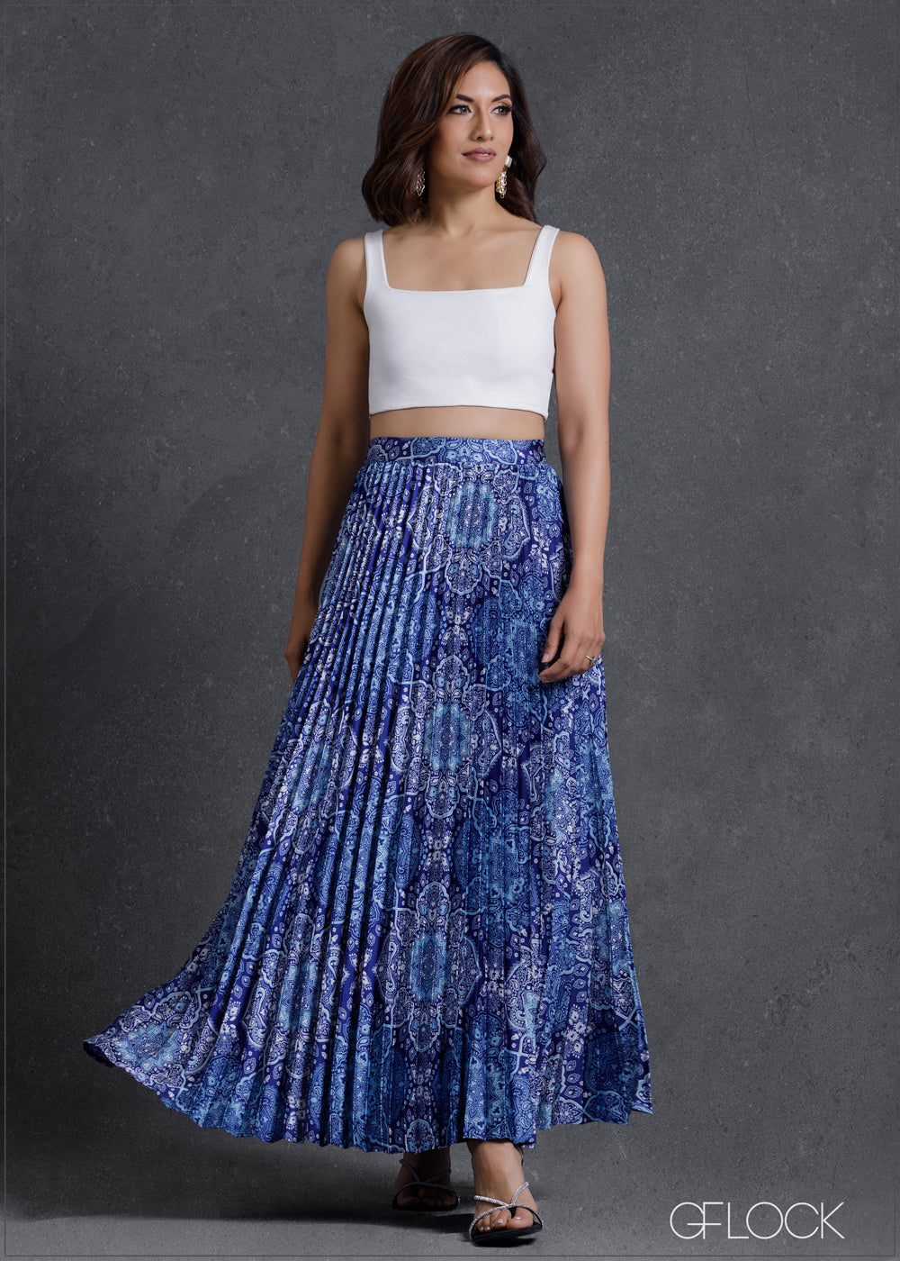 High Waisted Pleated Printed Midi Skirt - 230224