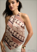 Printed V-Neck Halter Top - 220825