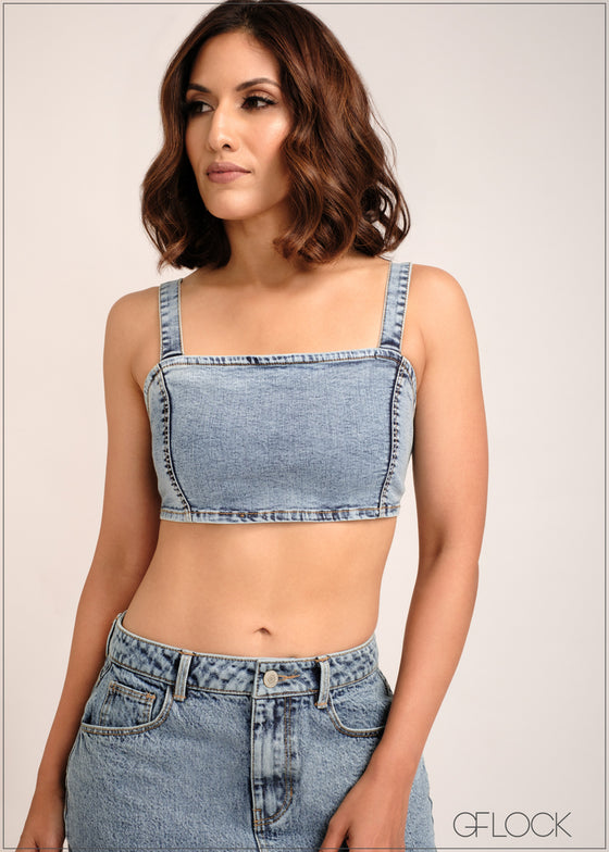 Denim Smocked Crop Top - 301223