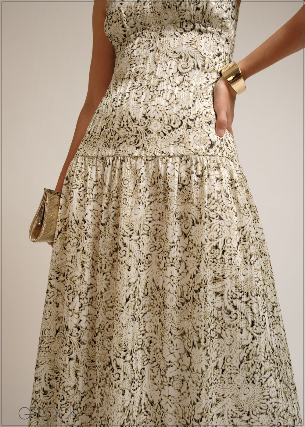 Beige and green floral, low waist maxi dress
