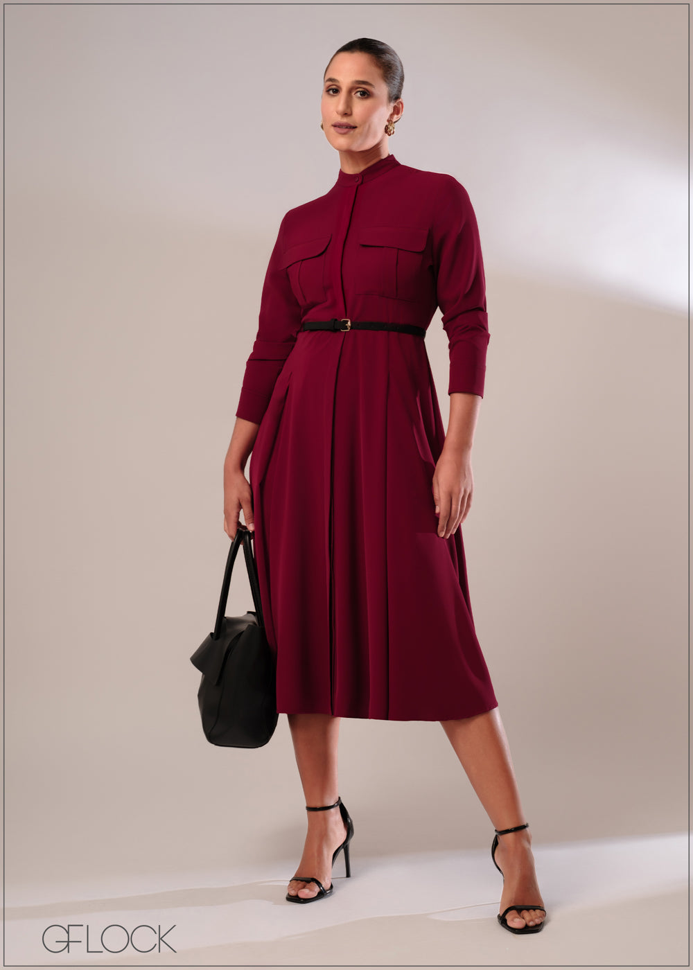 Shirt Dress With Patch Pockets and Pleats - 120124