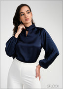 Twist Neck Detail Balloon Sleeve Top - 050925