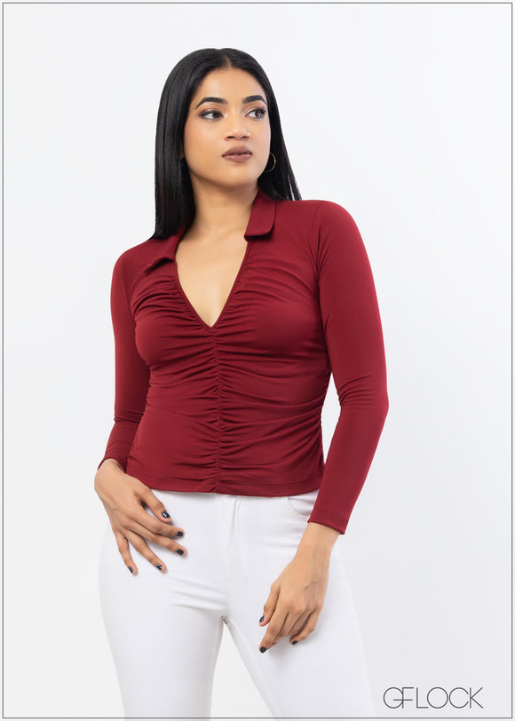 Ruched Collared Top - 021222