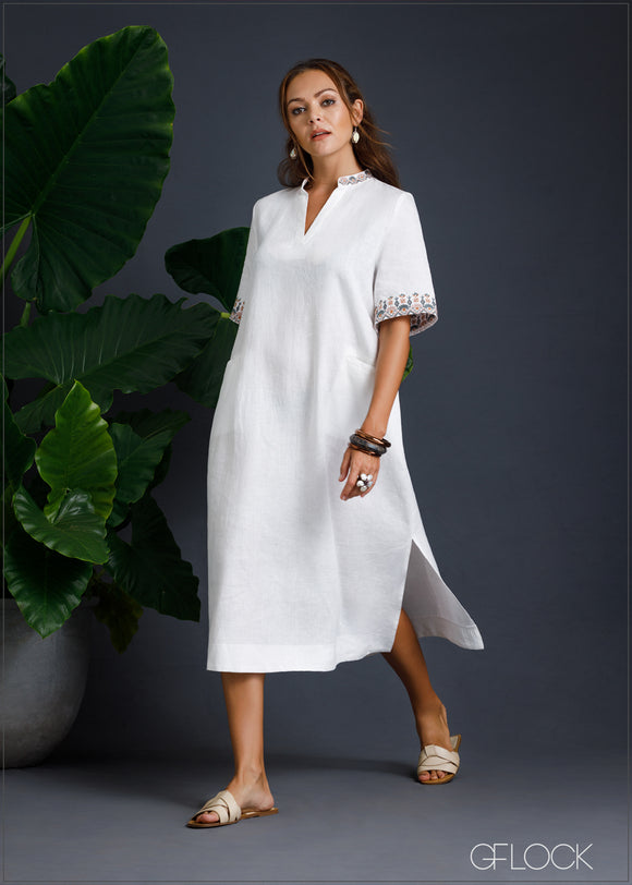 100% Genuine Linen Embroidered Slit Dress - 080124