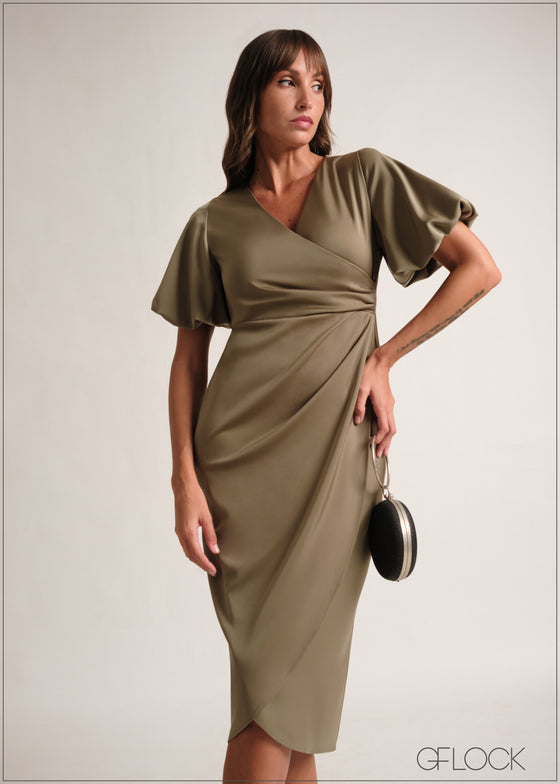 Puff Sleeved Wrapped Midi Dress - 190126