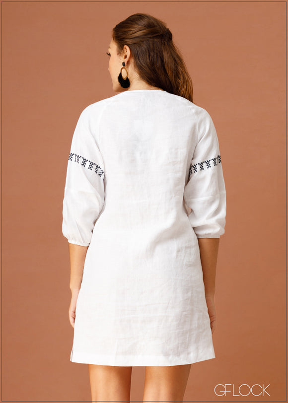 Embroidered Linen Shift Dress - 080423