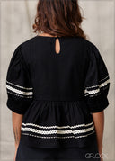 Puff Sleeve Contrast Trim Blouse - 260226