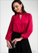 Twist Neck Detail Balloon Sleeve Top - 050925