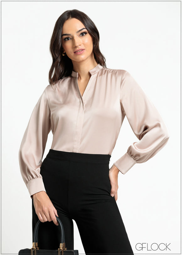 Long Puff Sleeve Satin Top - 100325