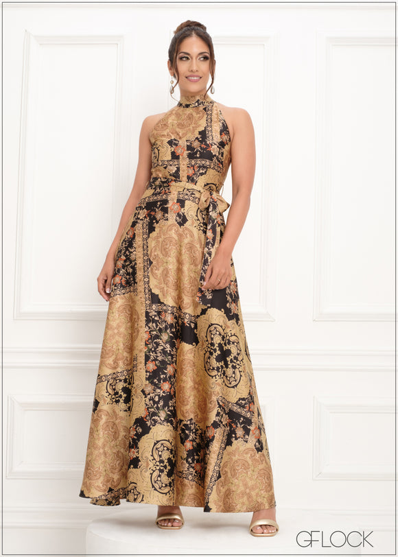 High Neck Waist Tie Up Detailed Maxi Dress - 290923