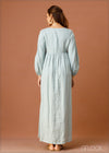 V-Neck Puff Sleeve Linen Dress - 170323