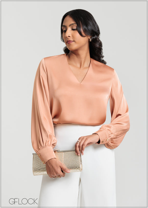 Puffed Sleeve V-Neck Top - 140725