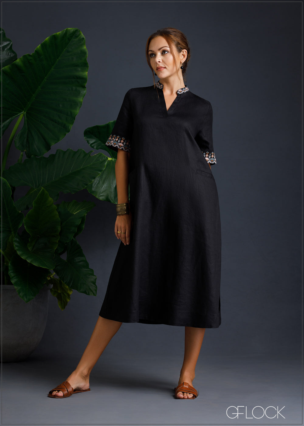 100% Genuine Linen Embroidered Slit Dress - 080124