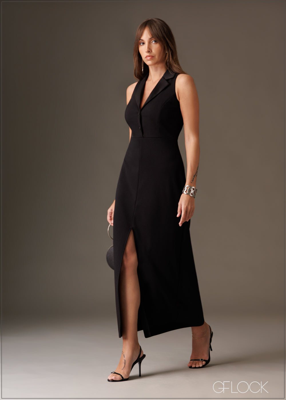 Sleeveless satin lapel collar detailed blazer maxi dress