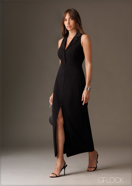 Sleeveless satin lapel collar detailed blazer maxi dress
