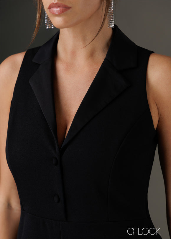 Sleeveless satin lapel collar detailed blazer maxi dress