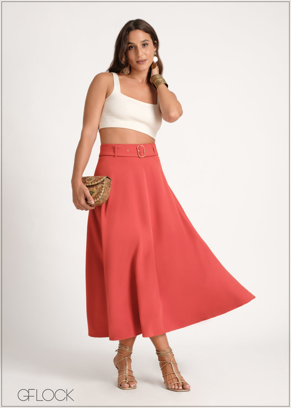 High Waisted Flared Midi Skirt 230924 GFLOCK.LK