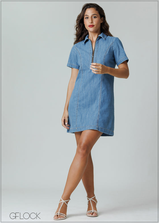 Front Zipper Denim Dress - 211224