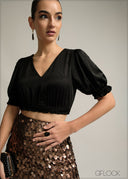 V-Neck Puff Sleeve Crop Top - 220825