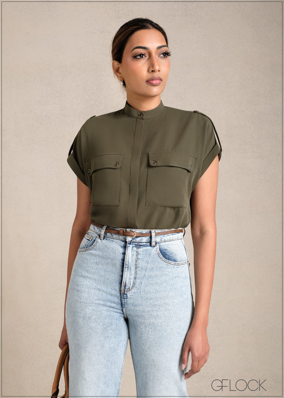 Turn-Up Short Sleeve Top With Patch Pockets - 281223