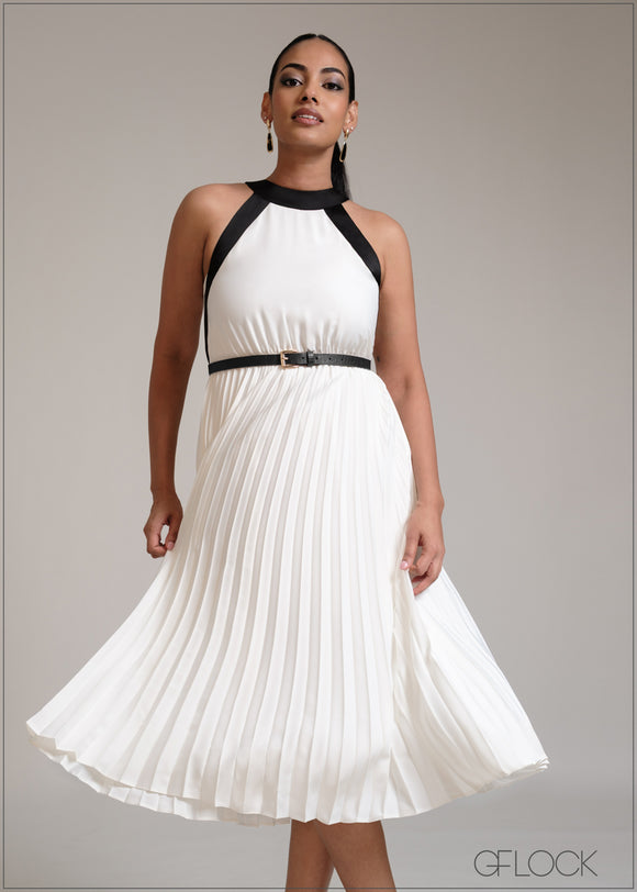 High Neck Pleated Midi Dress - 311025