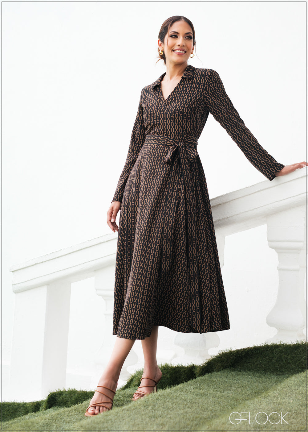 Flare Sleeved Wrap Tie Up Midi Dress 180823 - Main Image