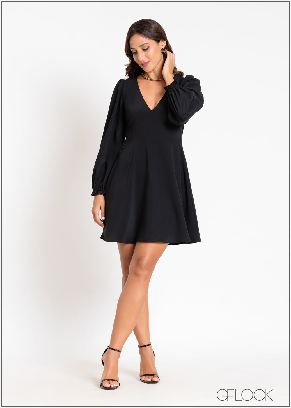 V-Neck Puff Sleeve Mini Dress - 041124