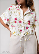 Print Drawstring Boxy Fit Cropped Shirt - 310725