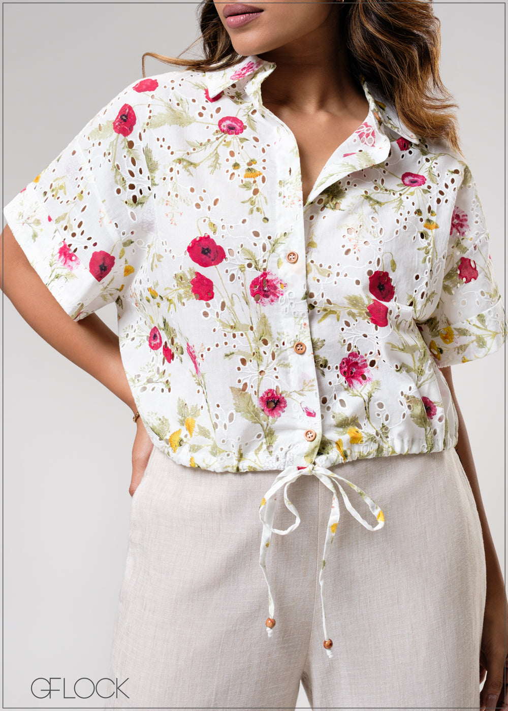 Print Drawstring Boxy Fit Cropped Shirt - 310725