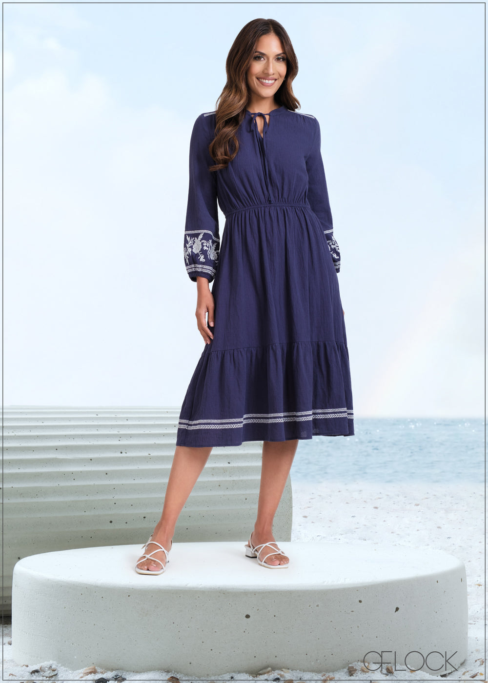 Embroidered V-Neck Midi Dress - 260623