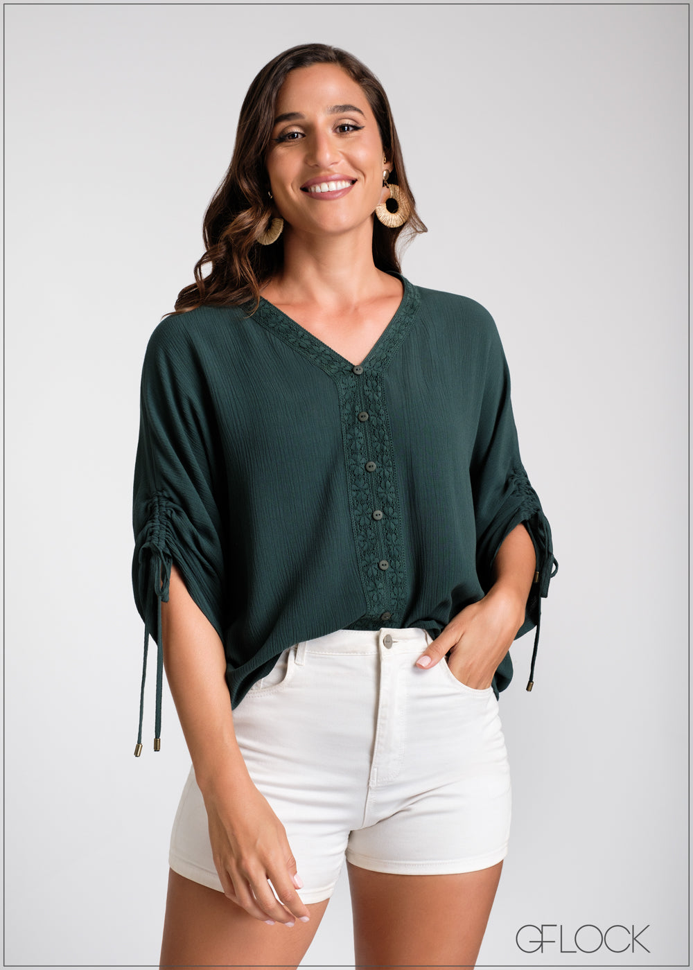 Ruched Sleeve V-Neck Top - 100225