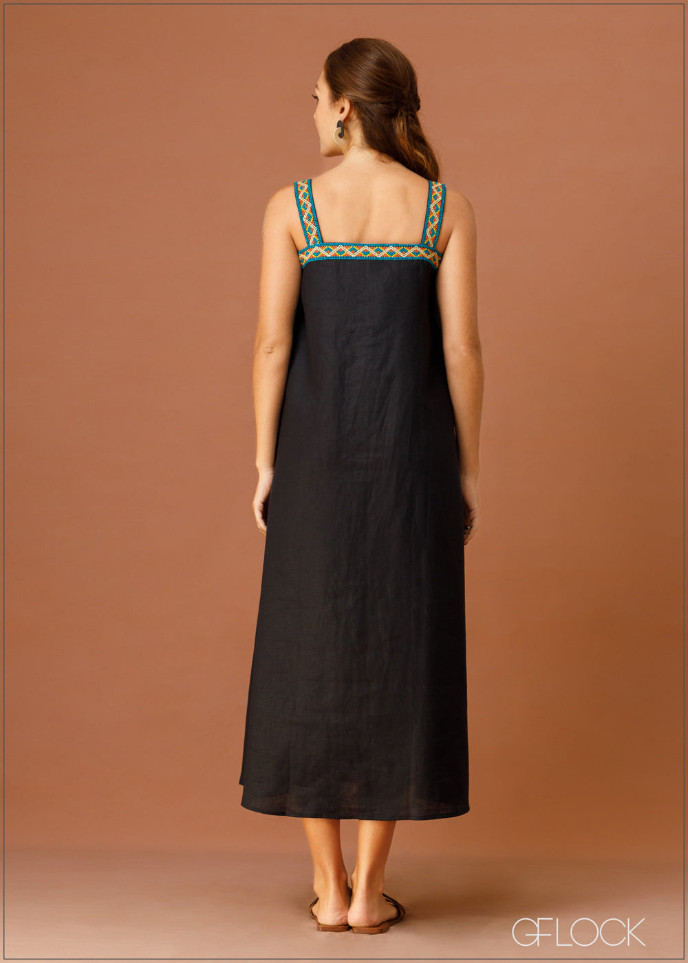 Embroidered Strappy Linen Dress - 170323