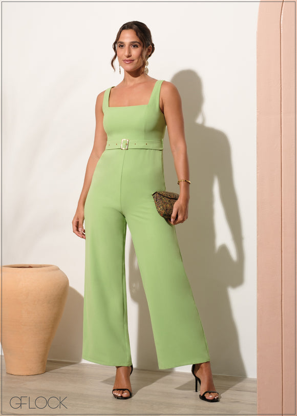 Square Neck Belt Detail Jumpsuit - 200924