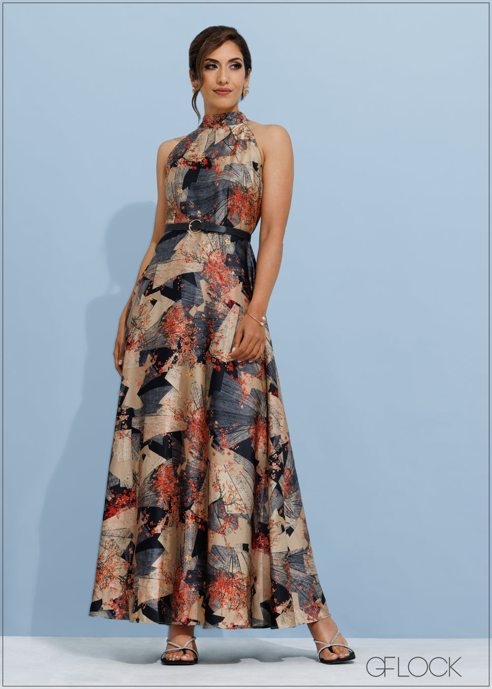 High Neck Flared Printed Maxi Dress - 201123