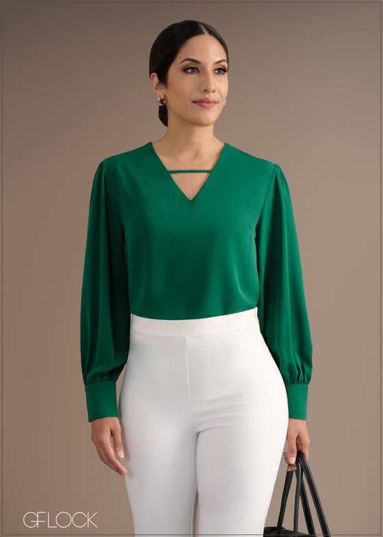 Long Sleeve V-Neck Top With Front Detail - 060524