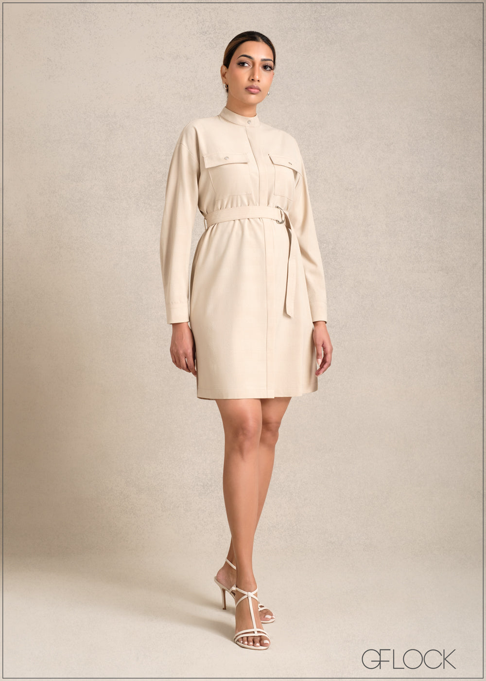 Long Sleeve Shirt Dress With Patch Pockets - 281223