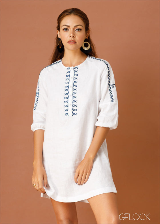 Embroidered Linen Shift Dress - 080423